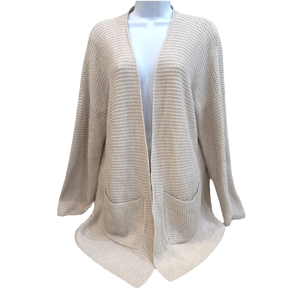 Eileen Fisher Womens Oatmeal Beige Waffle Knit Open Front Cardigan Sweater Sz‎ M